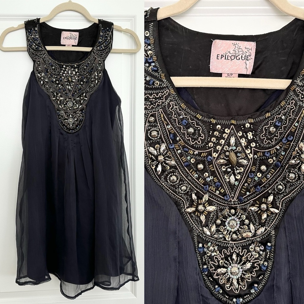 Navy Blue Sleeveless Chiffon Beaded & Sequin Cocktail Party Dress